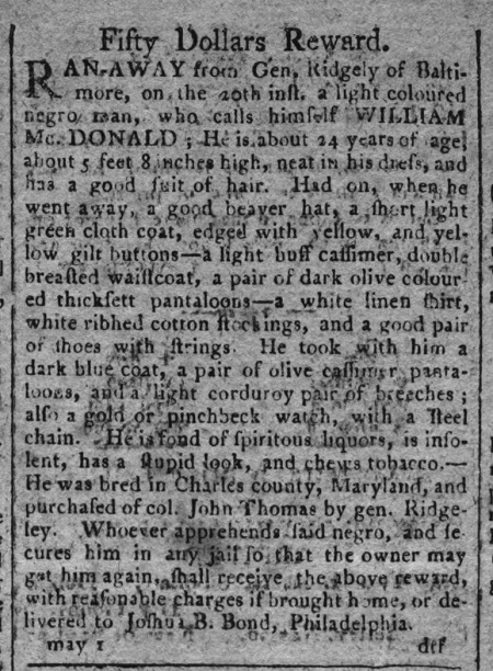 August 1800 Baltimore advertisement for escaped slave William McDonald.